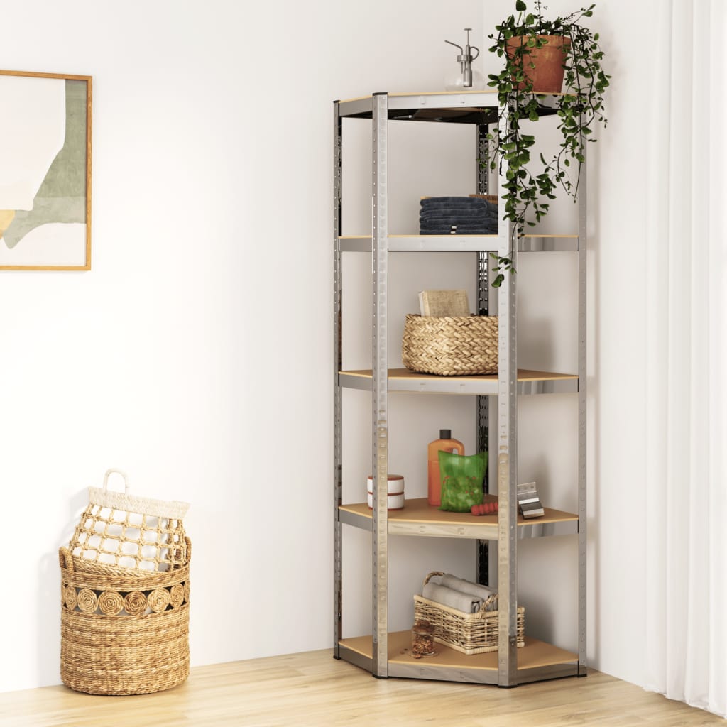 Vidaxl Corner Rack en acier à 5 couches et en bois transformé en argent coloré