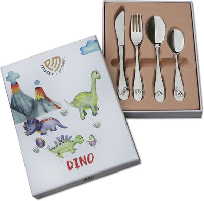 Souvenirs présents - couverts enfant - 4 pièces - dino - acier inoxydable blanc argenté