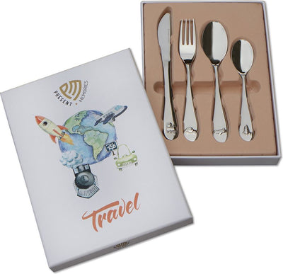 Souvenirs cadeaux - couverts enfant - 4 pièces - voyage - voiture avion train fusée - acier inoxydable blanc argenté