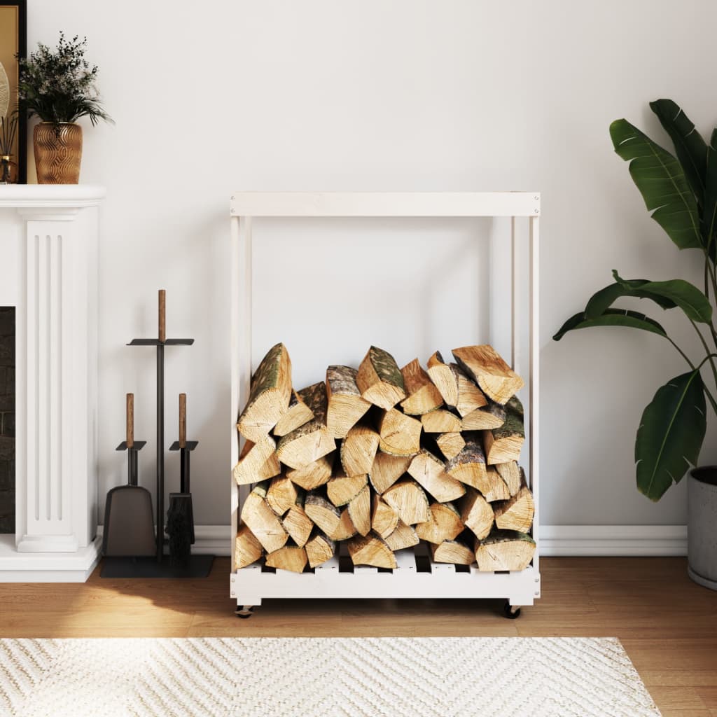 Porte-bloc de bois vidaxl avec roues 76.5x40x108 cm en pin massif blanc
