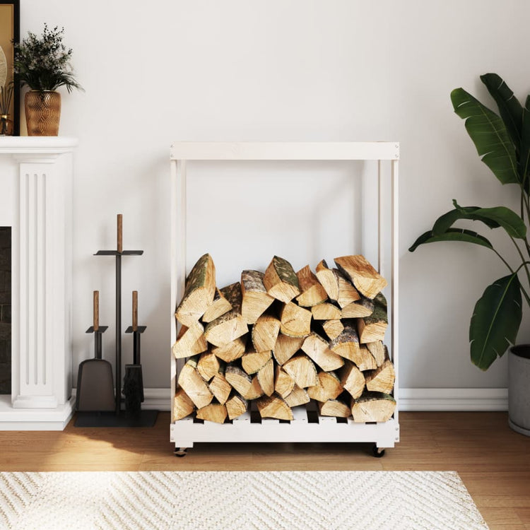 Porte-bloc de bois vidaxl avec roues 76.5x40x108 cm en pin massif blanc