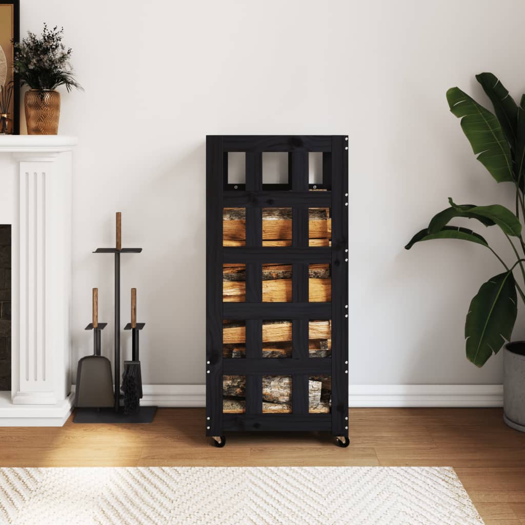 Porte-bloc de bois vidaxl avec roues 40x49x110 cm en pin solide noir