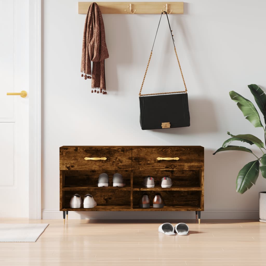 Canapé à chaussures Vidaxl 102x35x55 cm en bois transformé en bois de chêne fumé coloré