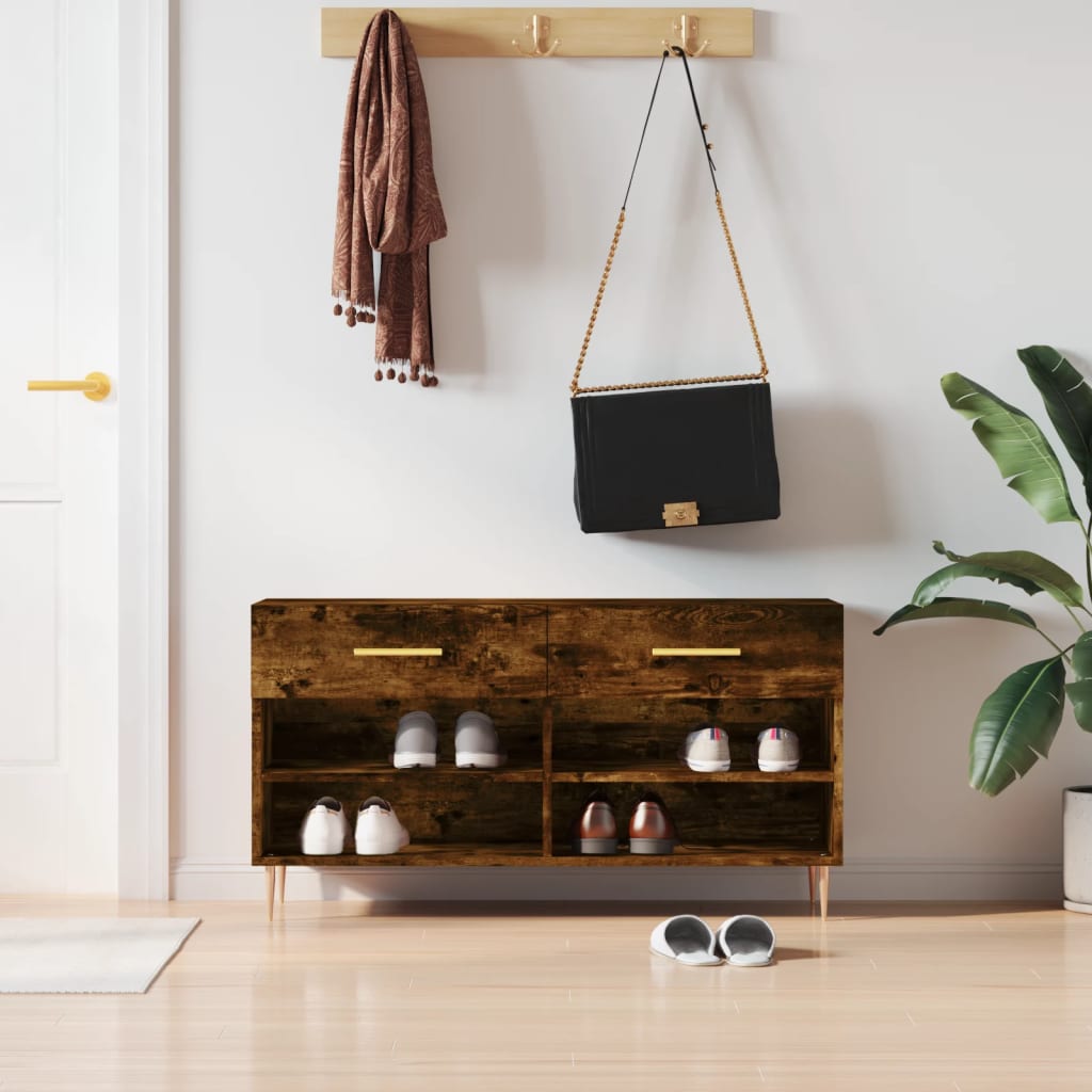 Canapé à chaussures Vidaxl 102x35x55 cm en bois transformé en bois de chêne fumé coloré
