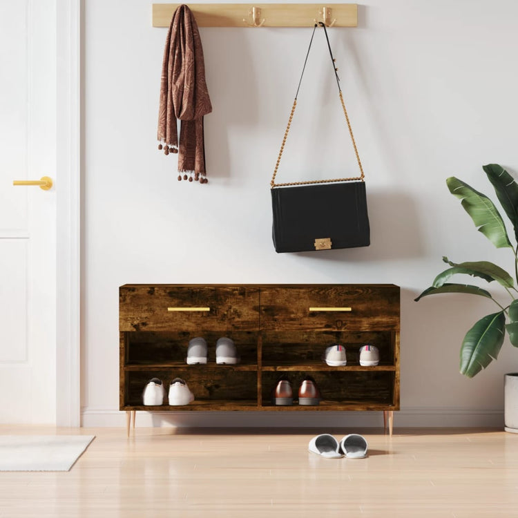 Canapé à chaussures Vidaxl 102x35x55 cm en bois transformé en bois de chêne fumé coloré