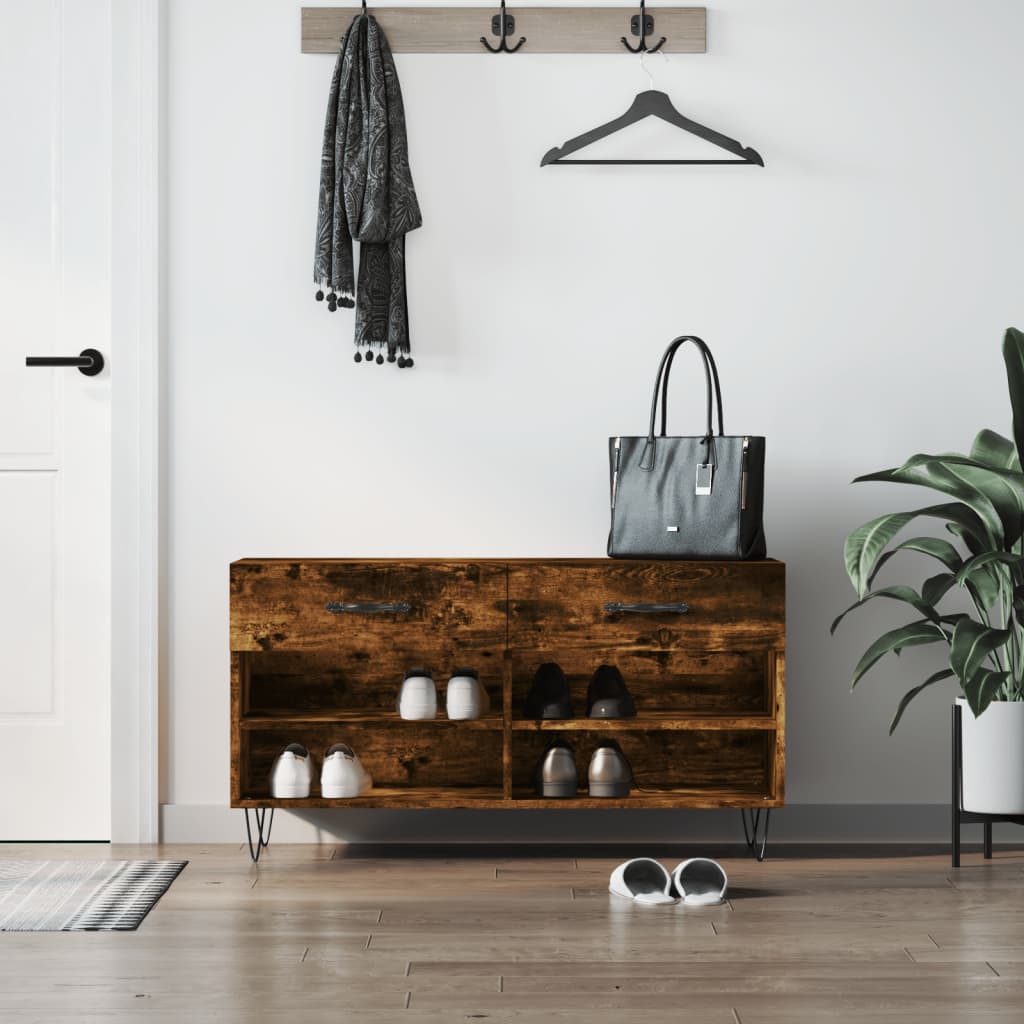 Canapé à chaussures Vidaxl 102x35x55 cm en bois transformé en bois de chêne fumé coloré