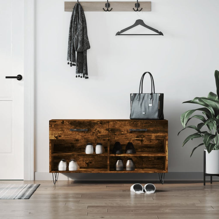 Canapé à chaussures Vidaxl 102x35x55 cm en bois transformé en bois de chêne fumé coloré