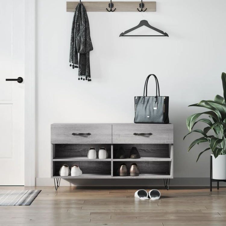 Canapé à chaussures Vidaxl 102x35x55 cm en bois de bois de bois de chêne Gris sonoma