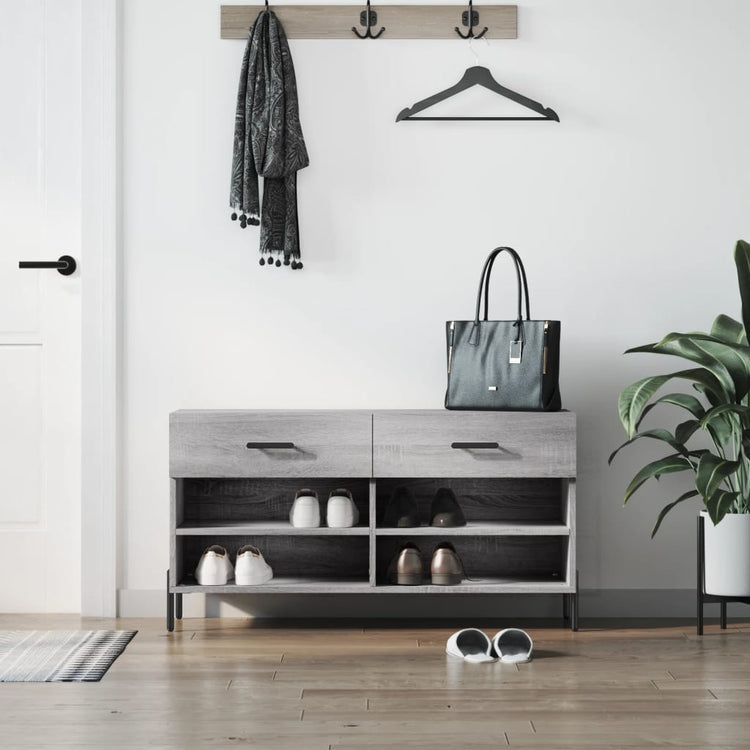 Canapé à chaussures Vidaxl 102x35x55 cm en bois de bois de bois de chêne Gris sonoma