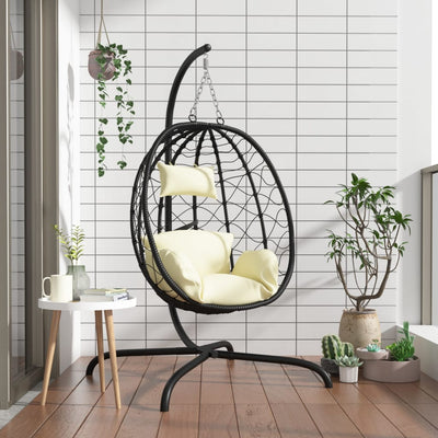 Chaise suspendue vidaxl avec oreiller en rotin poly et crème en acier blanc