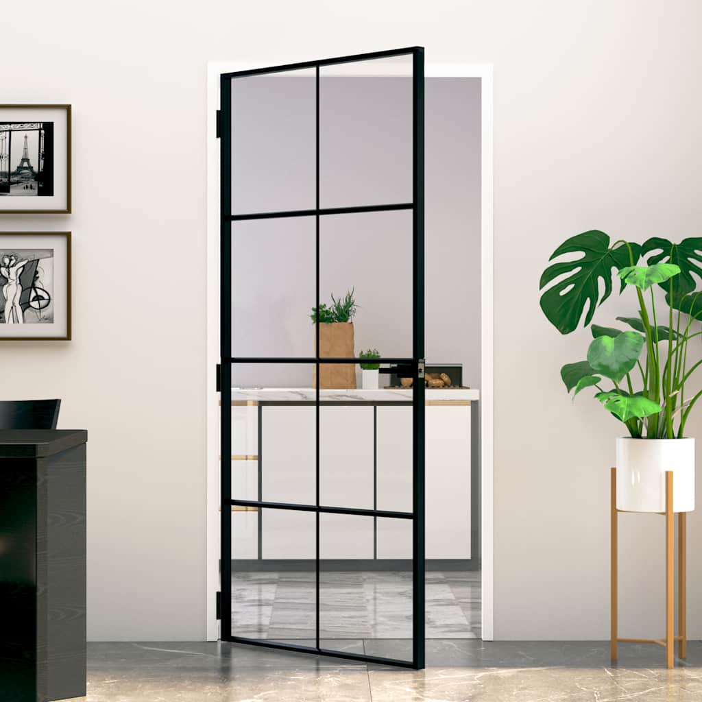 Vidaxl Porte intérieure 93x201,5 cm Verre durcie et aluminium Noir étroit