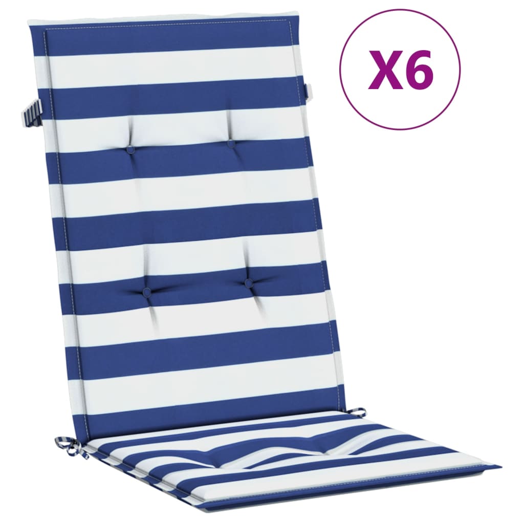 Coussins de chaise vidaxl 6 stage haut de dos en tissu rayé blanc et bleu