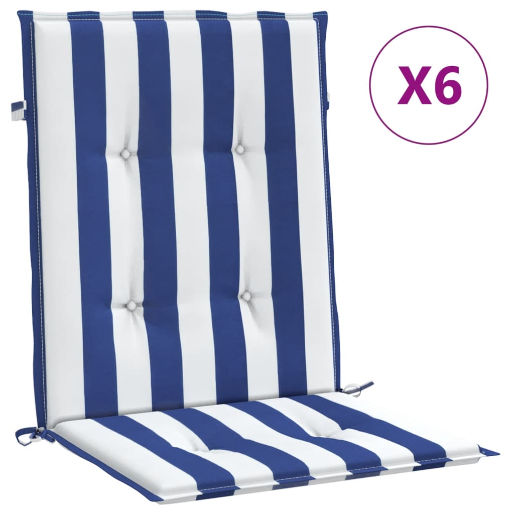 VidaXL coussins de chaise 6 pcs dossier bas tissu rayé blanc et bleu