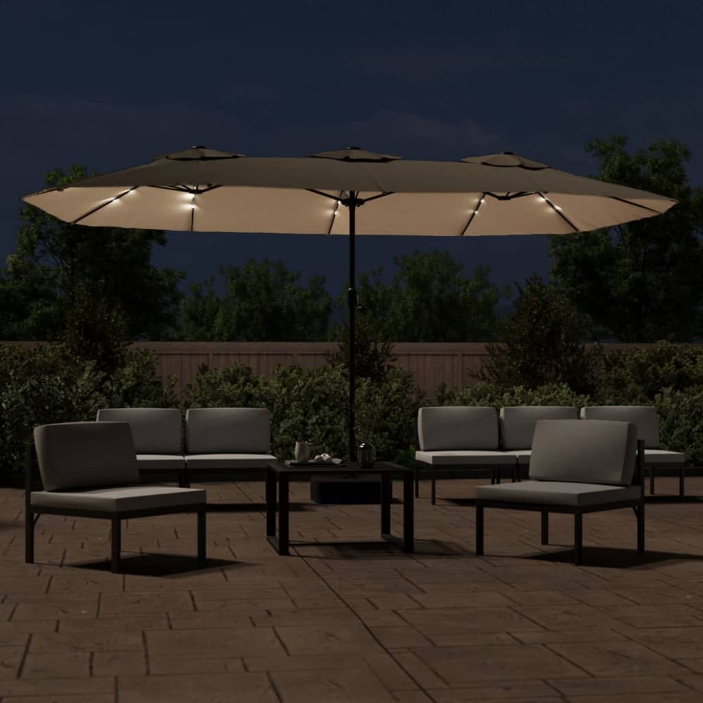 Vidaxl parasol double toit avec LED 449x245 cm taupe