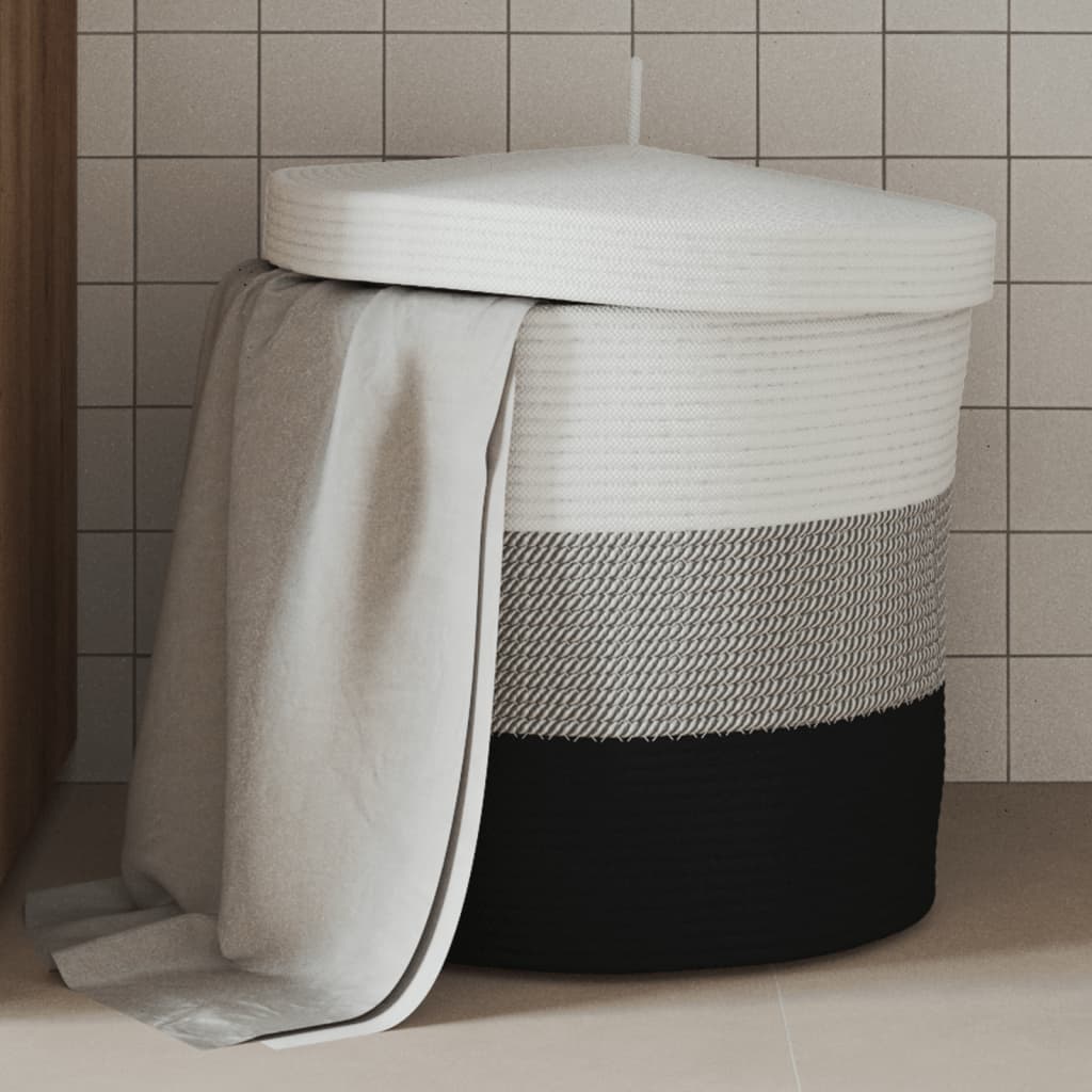 Panier de rangement Vidaxl avec couvercle Ø 40x35 cm Coton blanc et noir