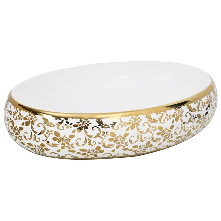Vidaxl Staction Wasker Ovaal 59x40x15 cm Céramique blanc et or