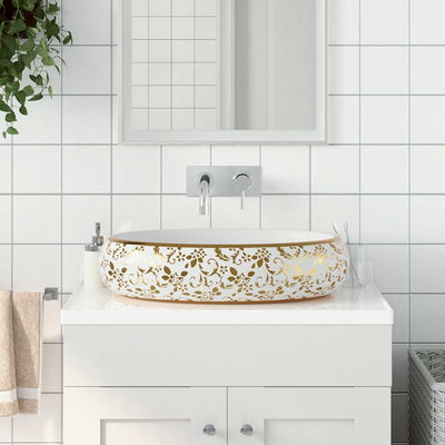 Vidaxl Staction Wasker Ovaal 59x40x15 cm Céramique blanc et or
