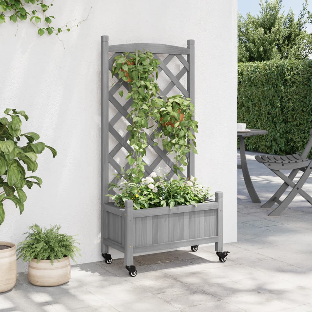 Jardinière Vidaxx avec treillis et roulettes, bois de pin gris massif