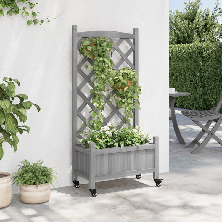 Jardinière Vidaxx avec treillis et roulettes, bois de pin gris massif