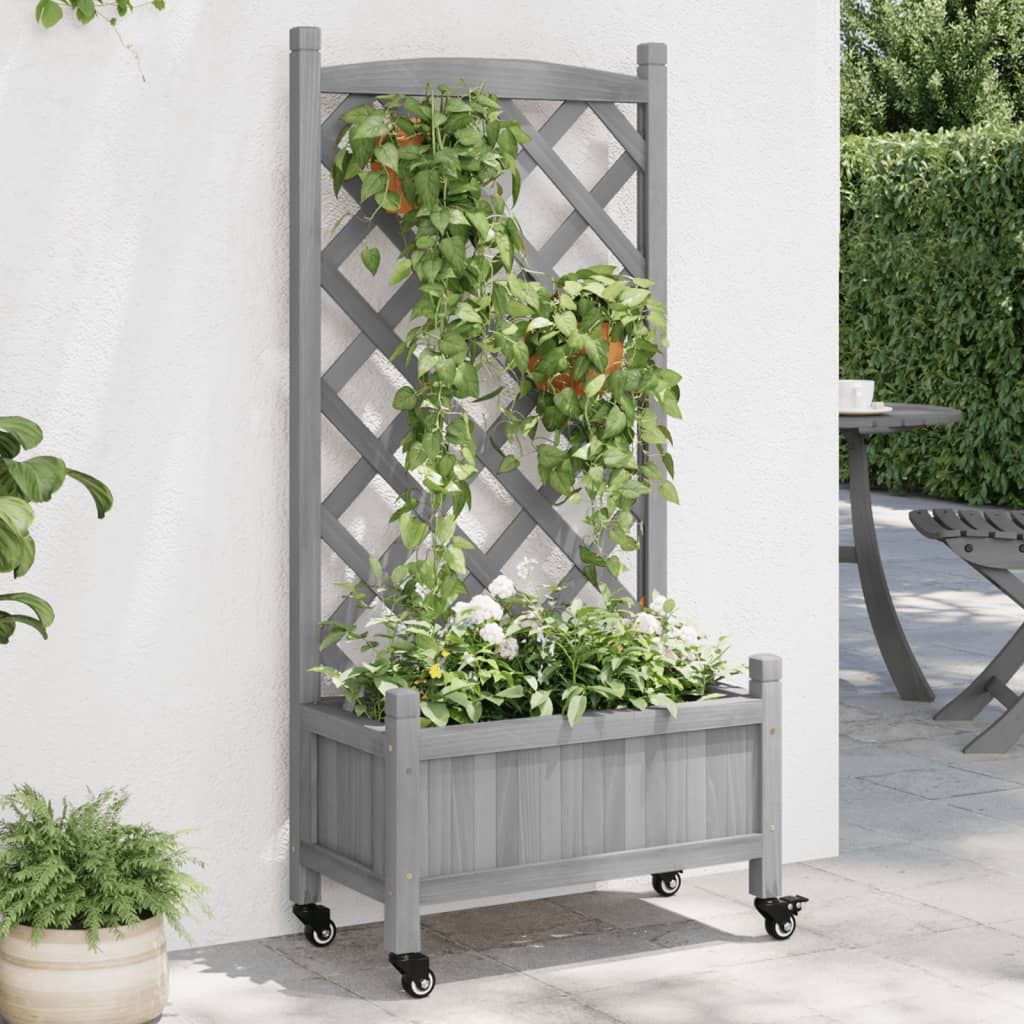 Jardinière Vidaxx avec treillis et roulettes, bois de pin gris massif