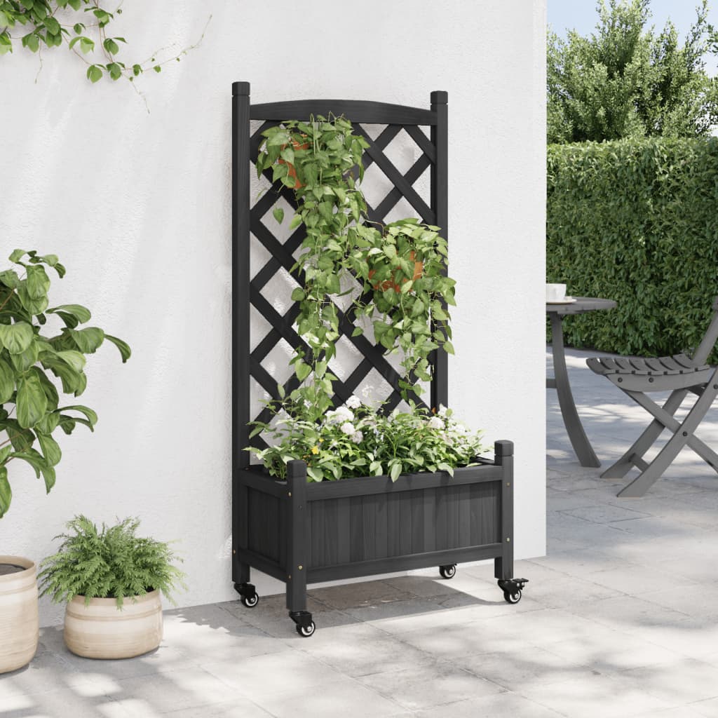 Vidaxx jardinière avec treillis et roulettes, bois de pin massif, noir