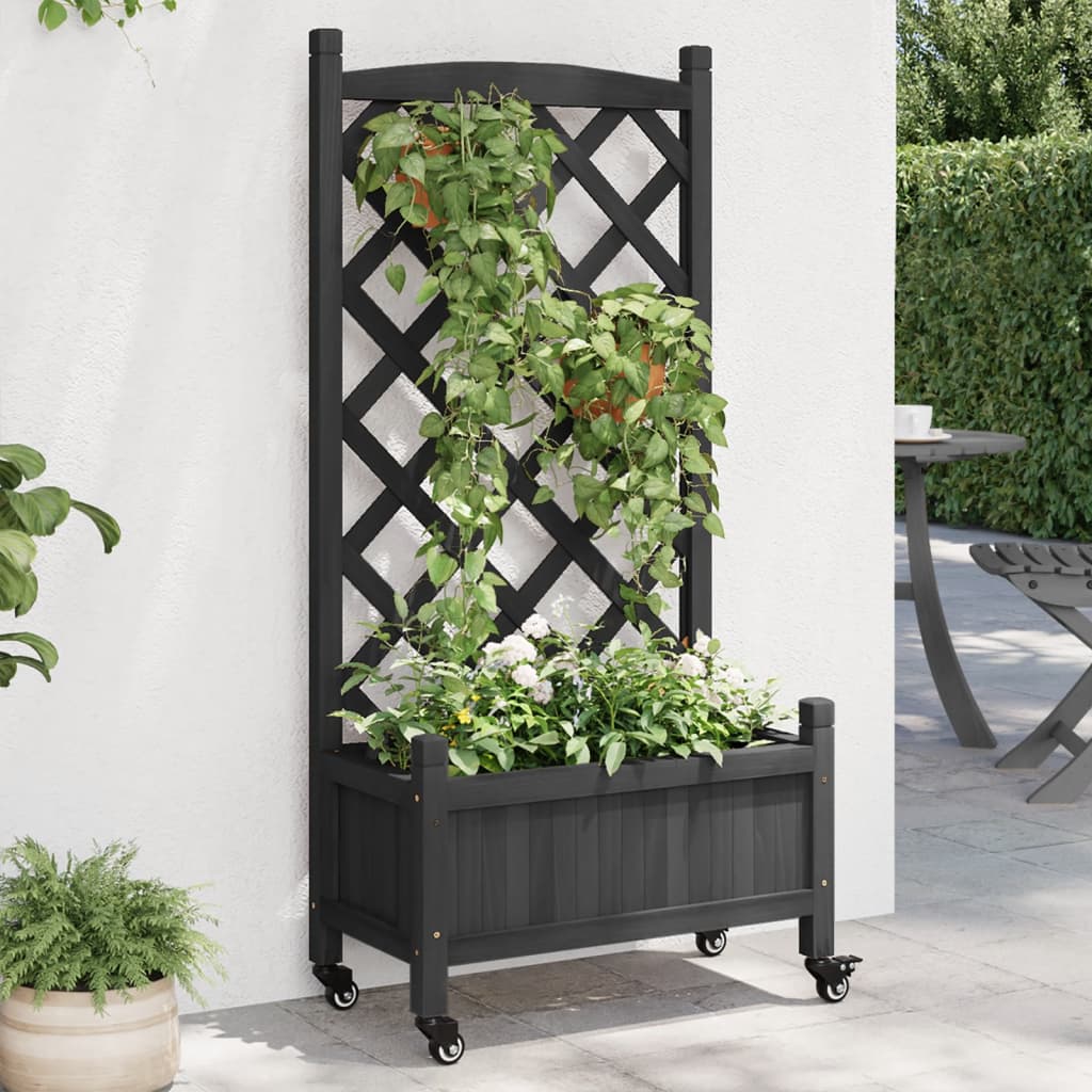 Vidaxx jardinière avec treillis et roulettes, bois de pin massif, noir