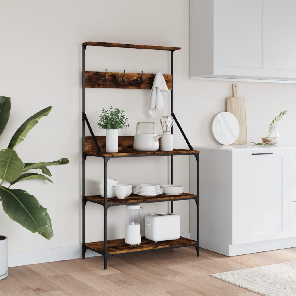 Vidaxl bakkersrek avec crochets à 4 couches en bois transformé en bois fumé coloré