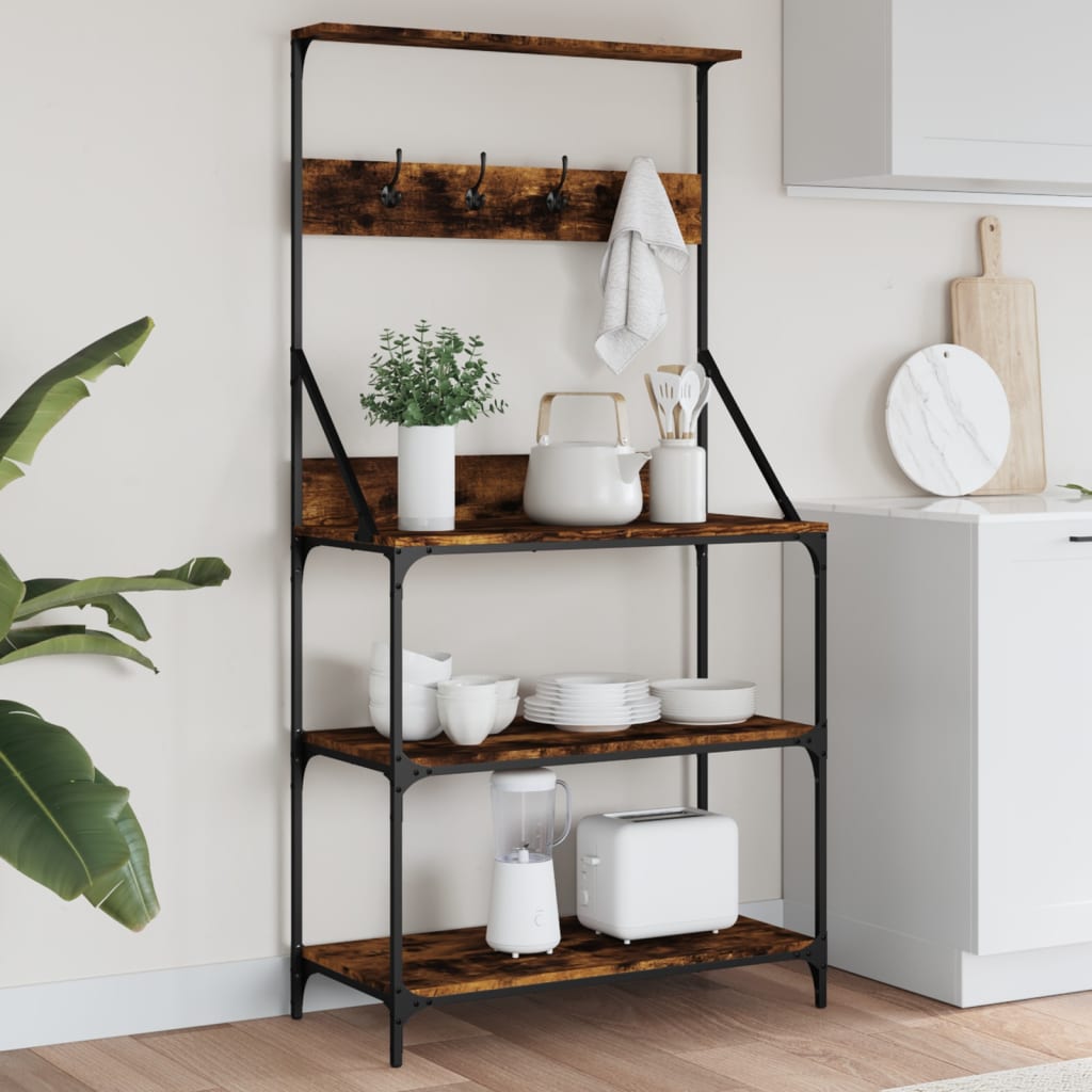 Vidaxl bakkersrek avec crochets à 4 couches en bois transformé en bois fumé coloré