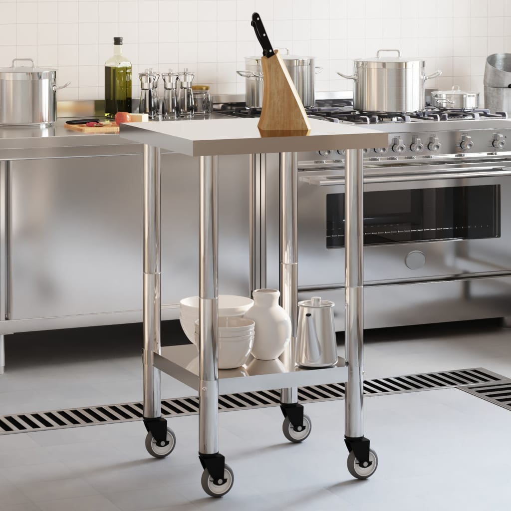 Table de cuisine vidaxl avec roues 55x55x85 cm en acier inoxydable