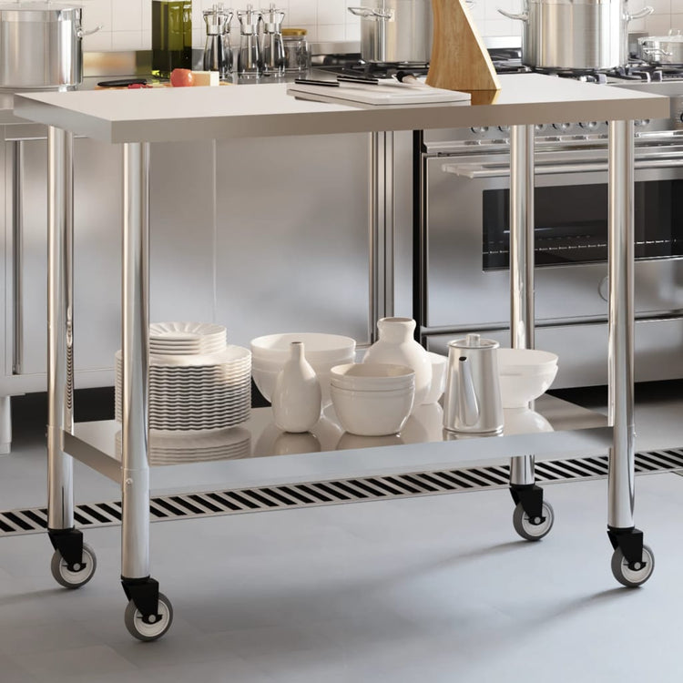 Table de cuisine Vidaxl avec roues 110x55x85 cm en acier inoxydable
