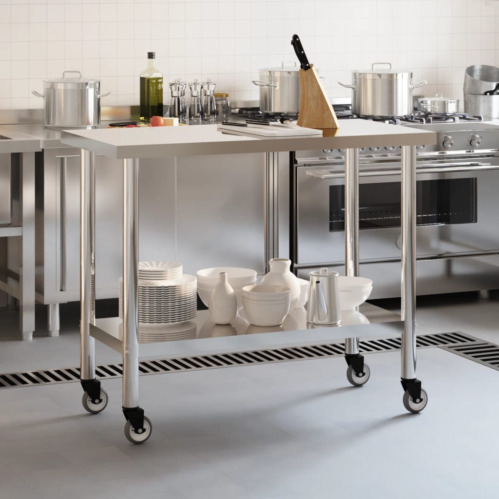 Table de cuisine Vidaxl avec roues 110x55x85 cm en acier inoxydable