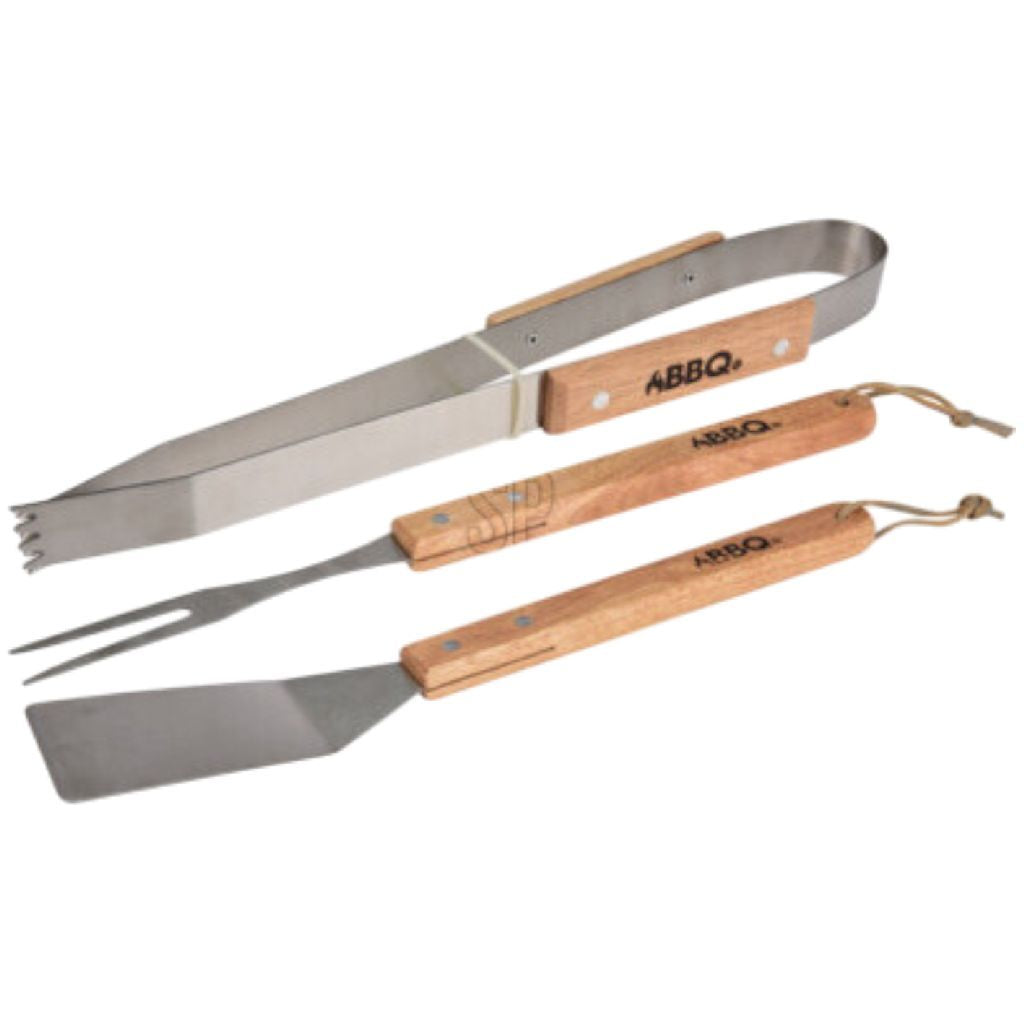 Ensemble d'outils pour barbecue 3 pièces en acier inoxydable et bois