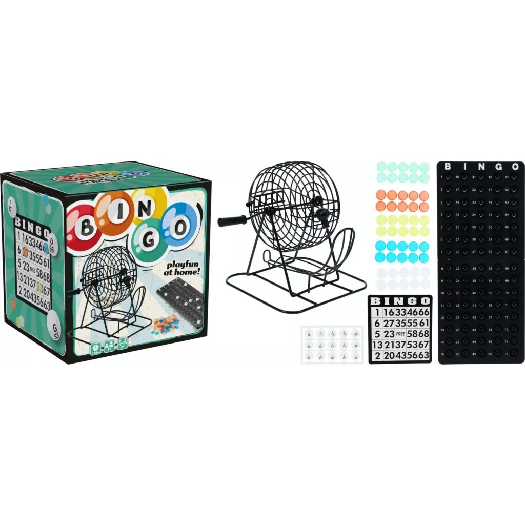 Bobine de bingo noire avec plateau de jeu, cartes de bingo et jetons