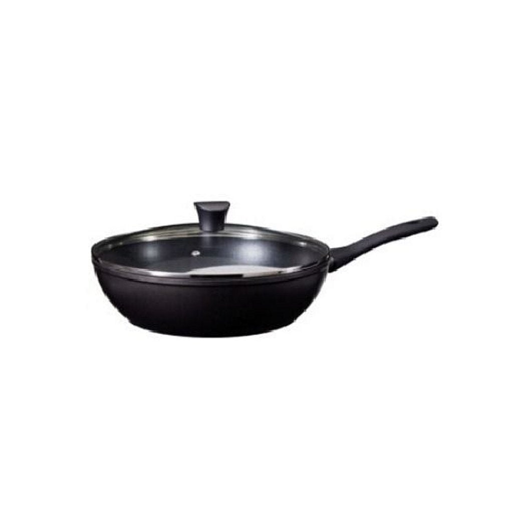 Excellente poêle wok avec couvercle en verre 28 cm noir