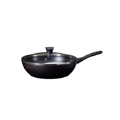 Excellente poêle wok avec couvercle en verre 28 cm noir