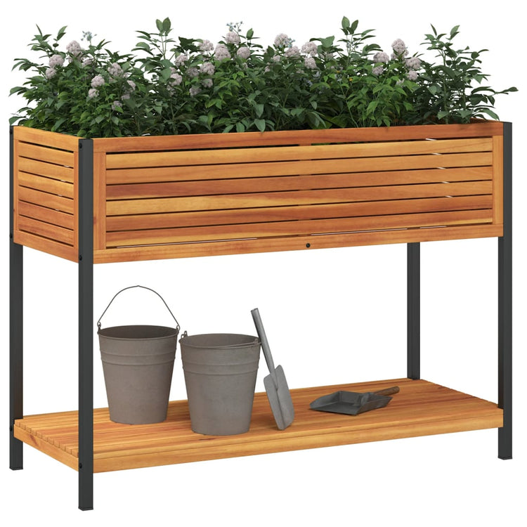 Planteur Vidaxl avec étagère 110x45x80 cm en bois et acier d'acacia solide