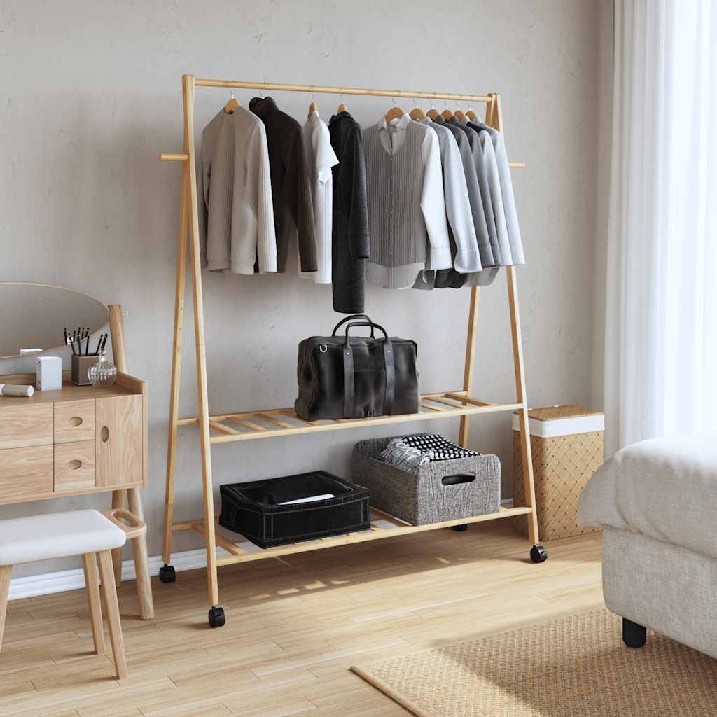 Rack de vêtements Vidaxl avec étagères et roues 132x45.5x155,5 cm de bambou