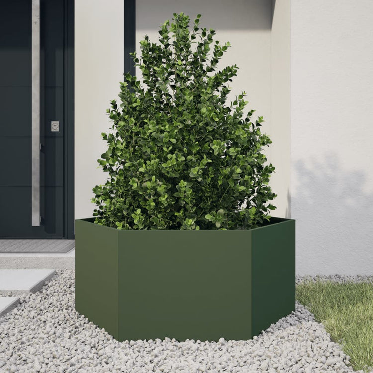 Vidaxl plannet hexagon 104x90x45 cm en acier olive vert
