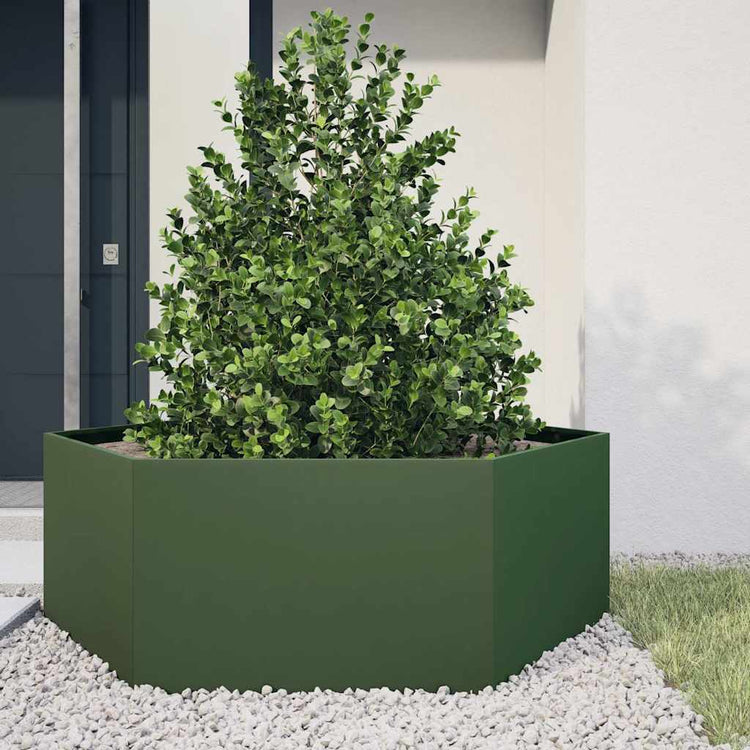 Vidaxl plannet hexagon 138x120x45 cm en acier olive vert