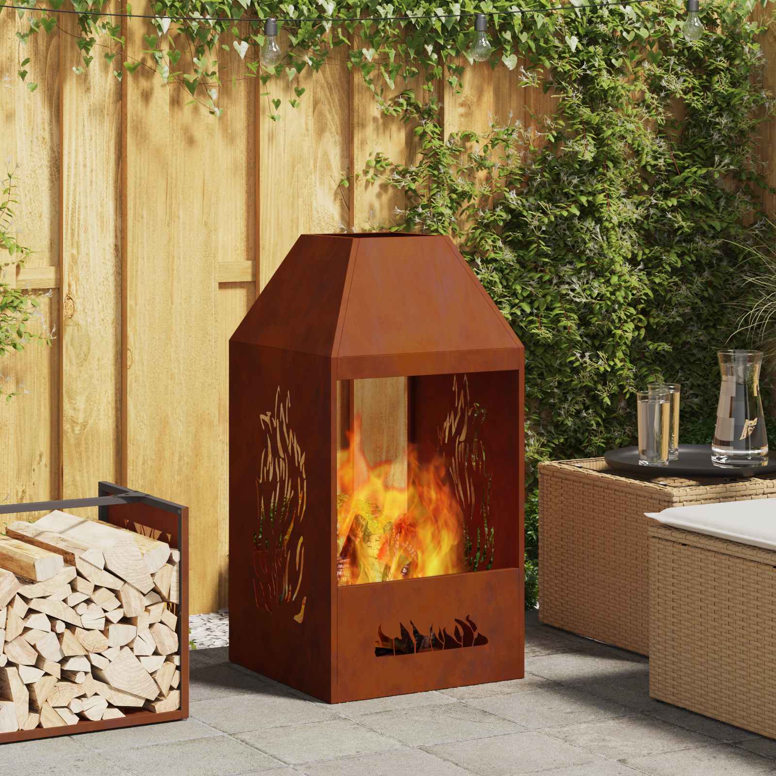 Vidaxl brasero marron 50 x 50 x 100 cm acier résistant aux intempéries