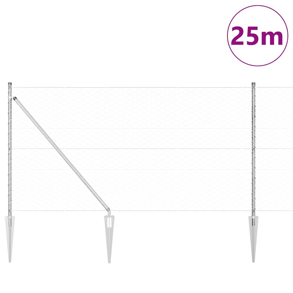 Vidaxl poteau de clôture argent 25 x 1 m (maille 50 mm) acier