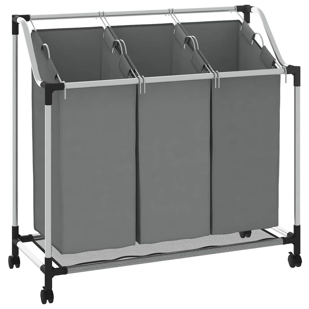 VidaXL panier à linge à roulettes, 3 compartiments, gris