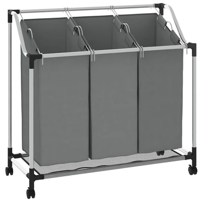 VidaXL panier à linge à roulettes, 3 compartiments, gris
