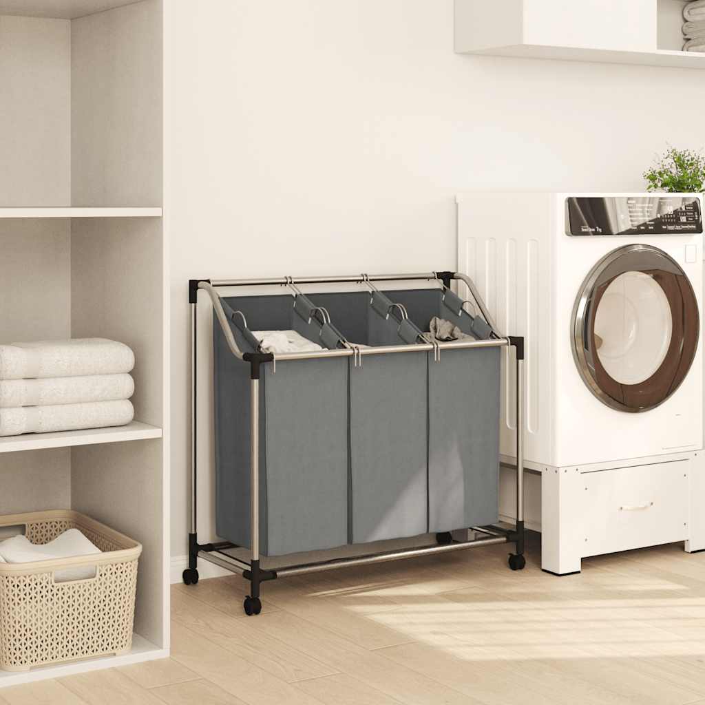 VidaXL panier à linge à roulettes, 3 compartiments, gris
