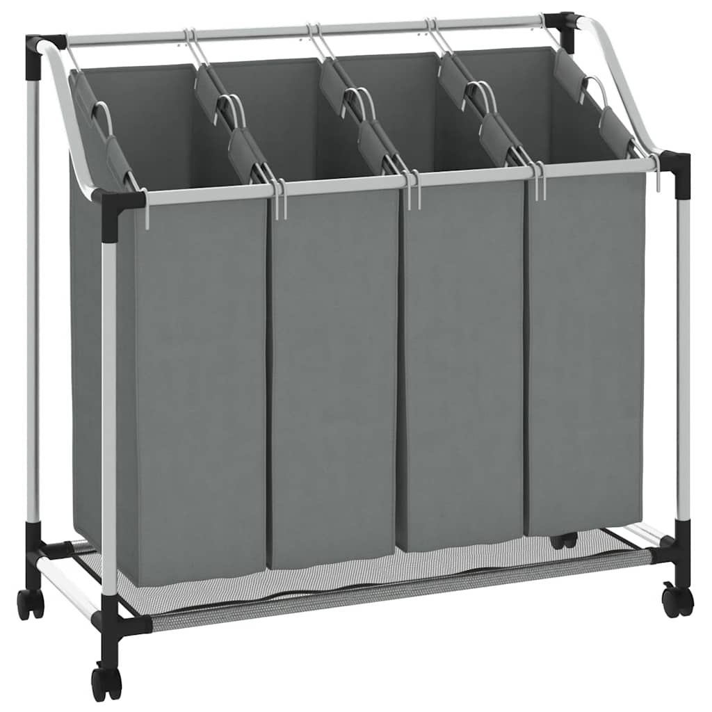 VidaXL panier à linge à roulettes, 4 compartiments, gris