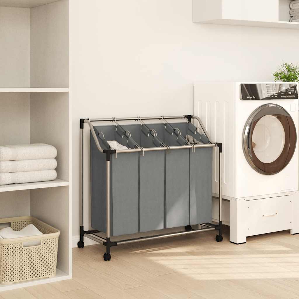 VidaXL panier à linge à roulettes, 4 compartiments, gris