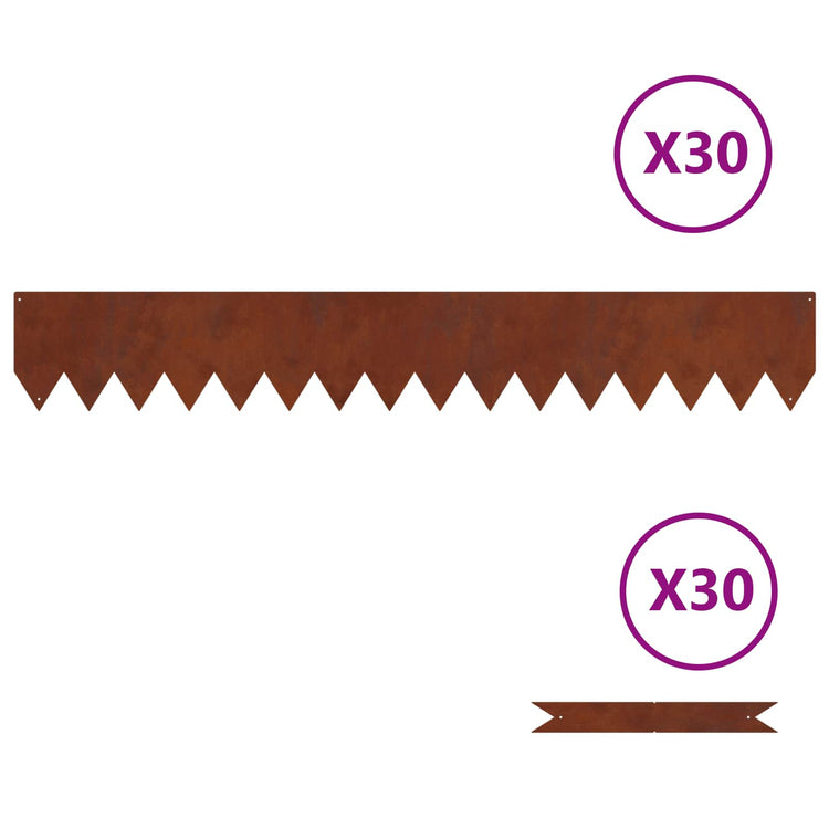 Vidaxl bordure de jardin 30 pcs marron 100 x 0,05 x 20 cm acier corten
