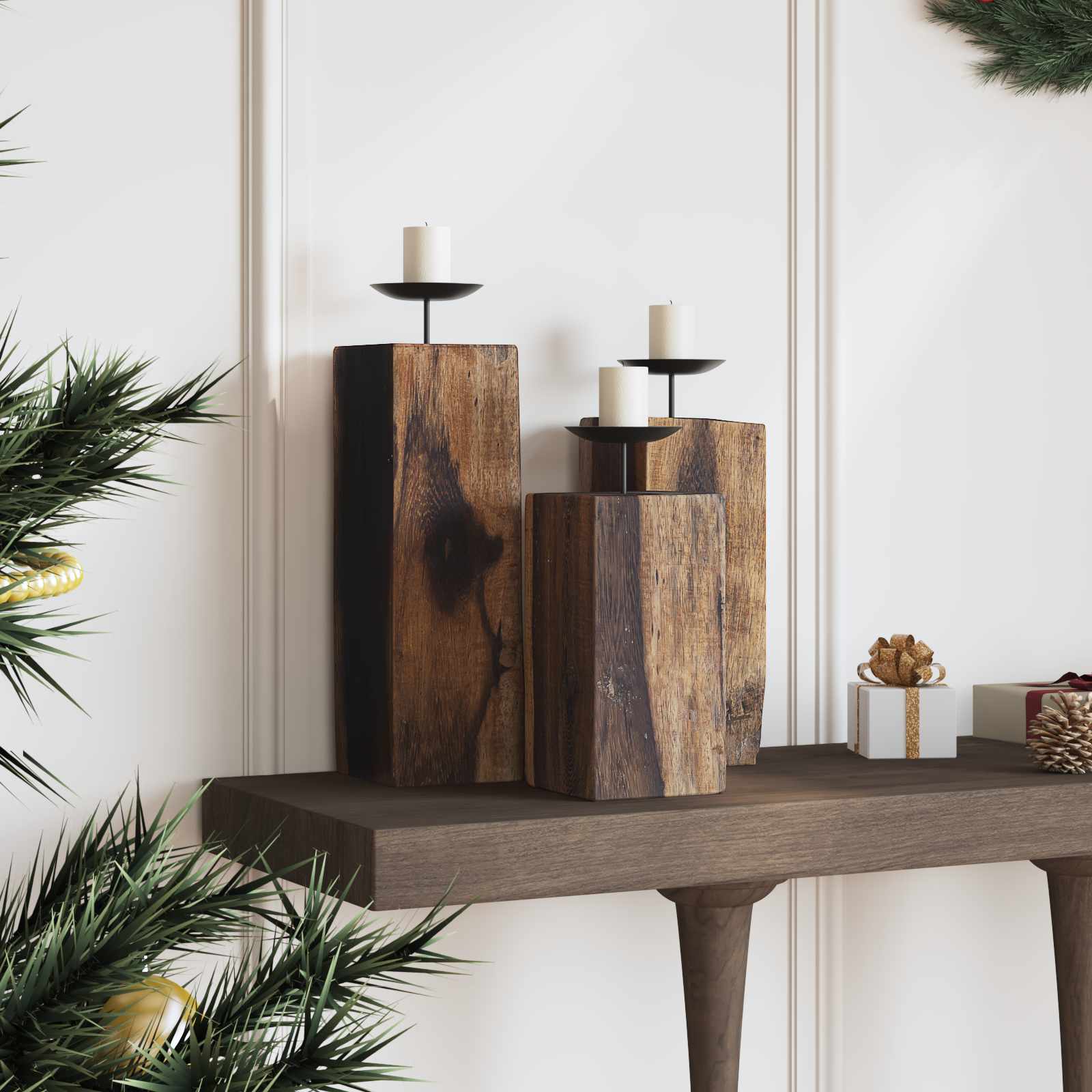 VidaXL bougeoir 3 pcs bois massif recyclé naturel