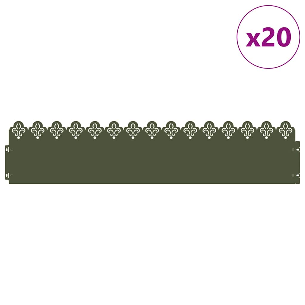 Vidaxl bordures de pelouse 20 pcs vert olive 103 x 0,05 x 22 cm acier