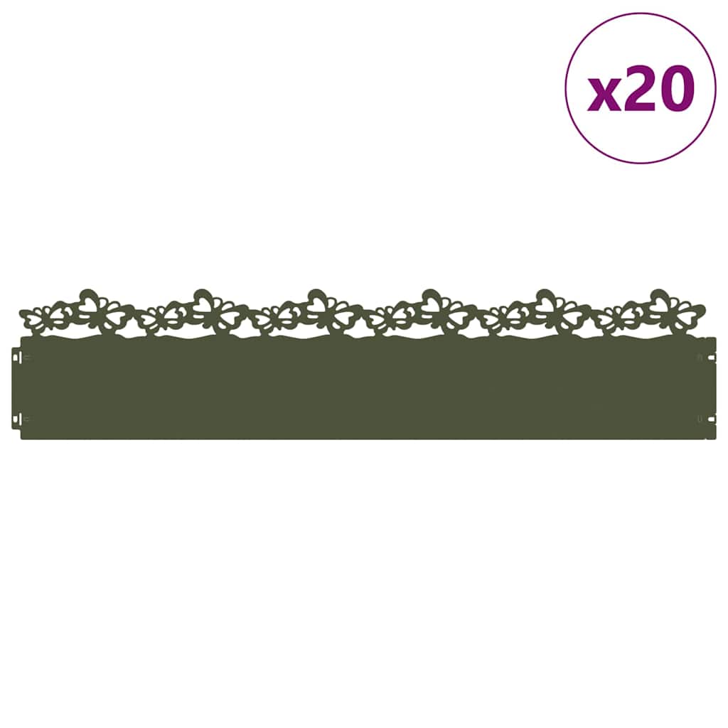 Vidaxl bordures de pelouse 20 pcs vert olive 103 x 0,05 x 22 cm acier